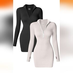 OQQ Women's 2 Piece Dresses Sexy Ribbed Zip Front Long Sleeve Tops Mini Dress